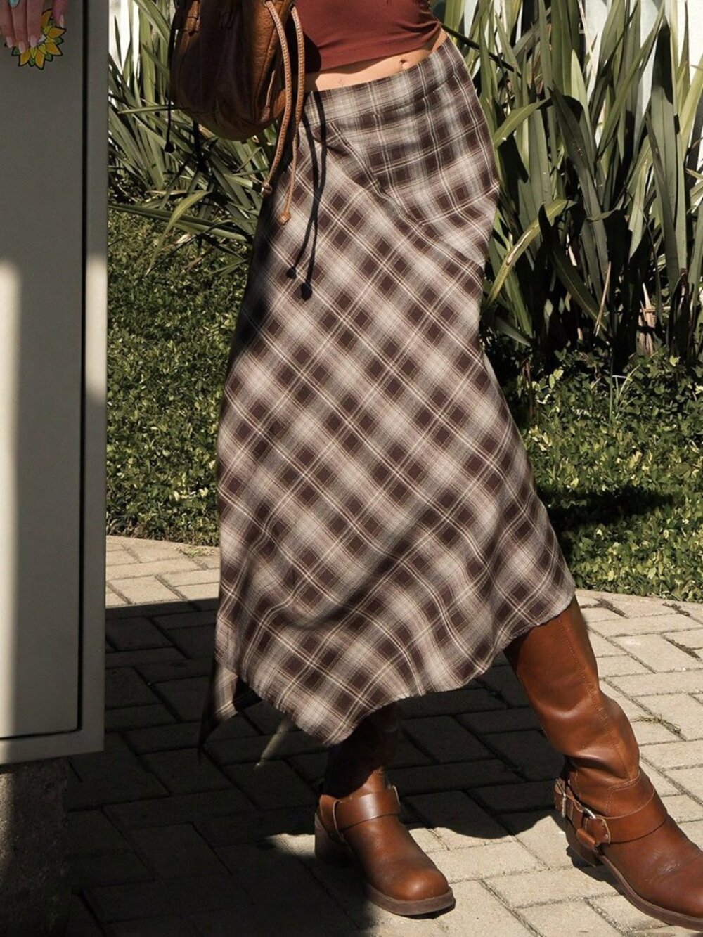 Coffee Brown Casual Women's Pleated Asymmetrical Midi Plaid Skirt